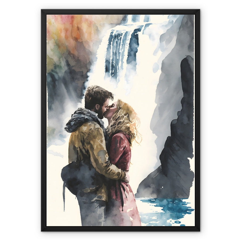 couple kissing waterfall romantic pnw national park engagement gift hiking outdoors camping embrace love wedding anniversary wilderness outside outdoors