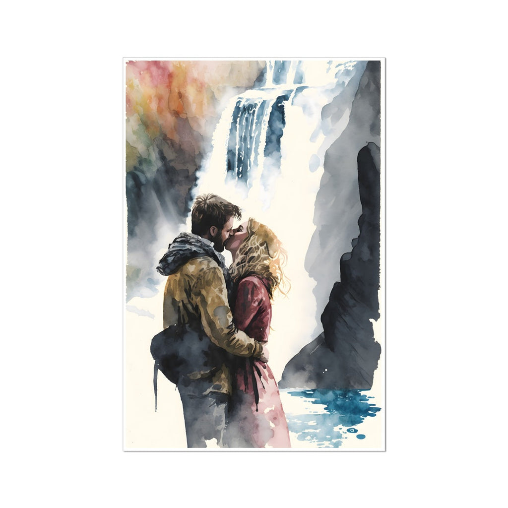 couple kissing waterfall romantic pnw national park engagement gift hiking outdoors camping embrace love wedding anniversary wilderness outside outdoors